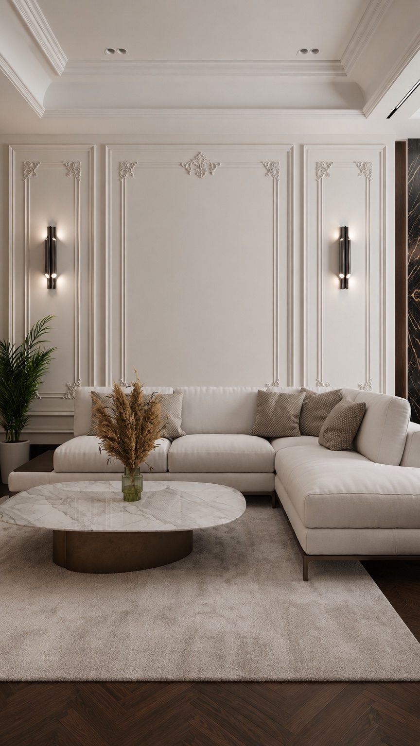Living contemporain haut de gamme avec moulures murales